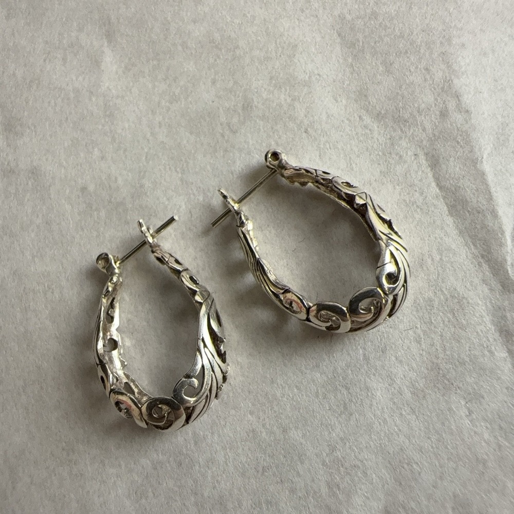 Sterling Silver 925 Teardrop Hoop Earrings Scroll Vine Filigree Womens Small